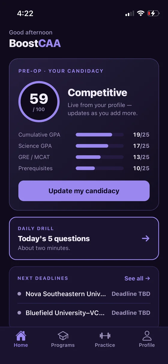Boost CAA candidacy score on iPhone, broken down by GPA, exam and prerequisites