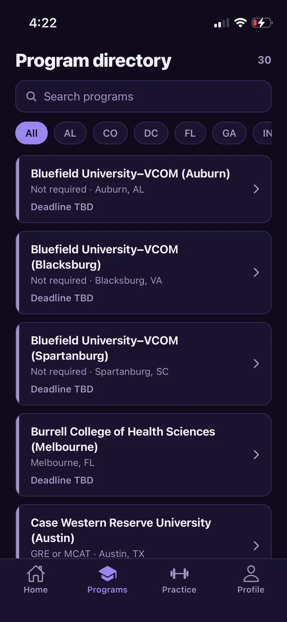 Boost CAA program directory on iPhone, showing all 30 programs