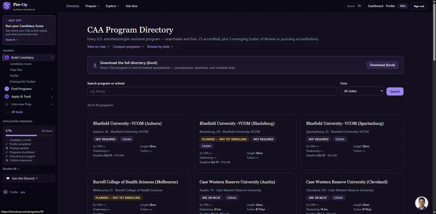 Program Directory — live Pre-Op screen